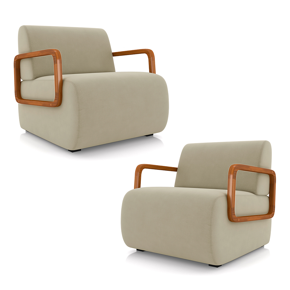 Kit 2 Poltronas Decorativa Sala de Estar Odessa Braços em Madeira Veludo Bege G33 - Gran Belo