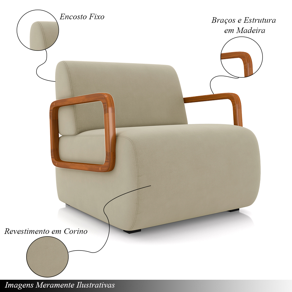 Kit 2 Poltronas Decorativa Sala de Estar Odessa Braços em Madeira Veludo Bege G33 - Gran Belo