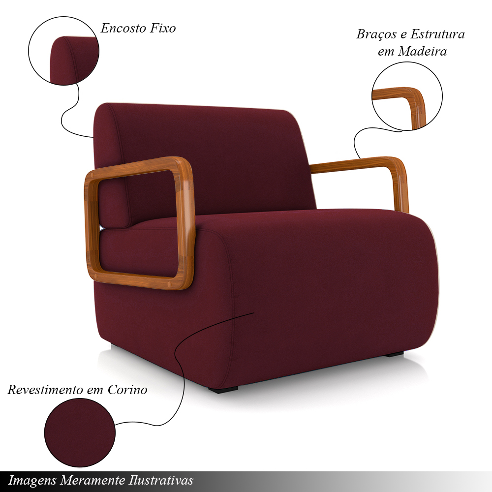 Kit 2 Poltronas Decorativa Sala de Estar Odessa Braços em Madeira Veludo Bordô G33 - Gran Belo
