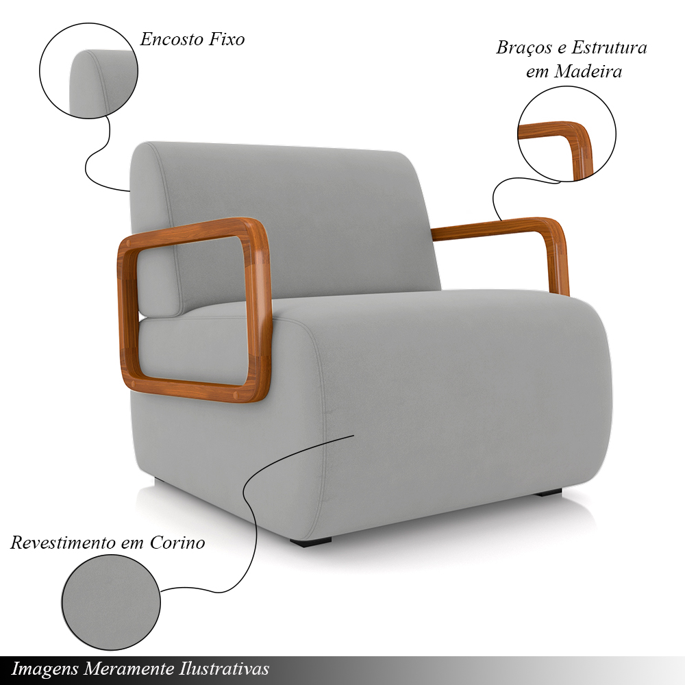 Kit 2 Poltronas Decorativa Sala de Estar Odessa Braços em Madeira Veludo Cinza Claro G33 - Gran Belo