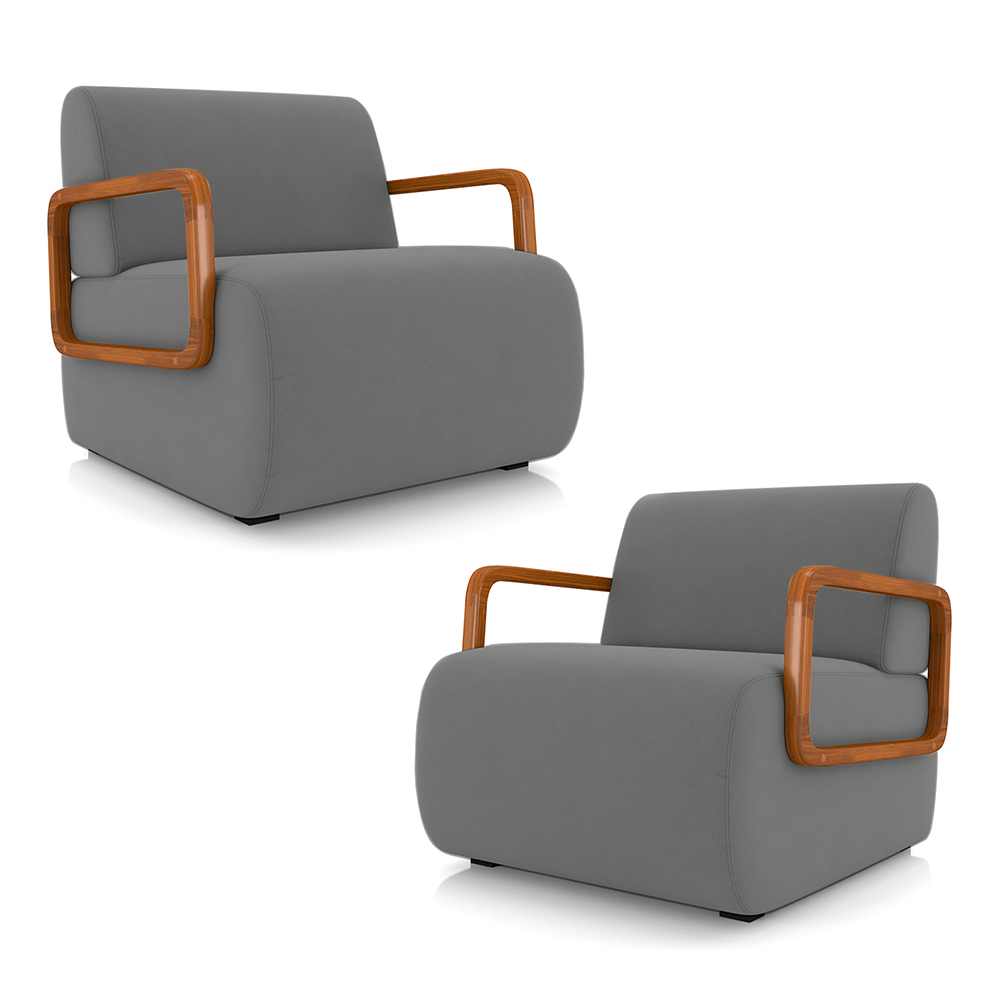 Kit 2 Poltronas Decorativa Sala de Estar Odessa Braços em Madeira Veludo Cinza G33 - Gran Belo