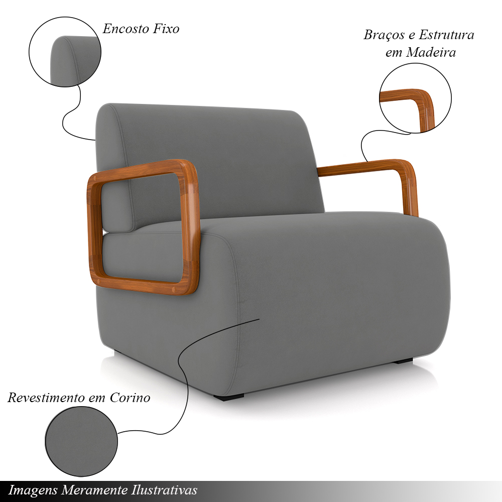 Kit 2 Poltronas Decorativa Sala de Estar Odessa Braços em Madeira Veludo Cinza G33 - Gran Belo