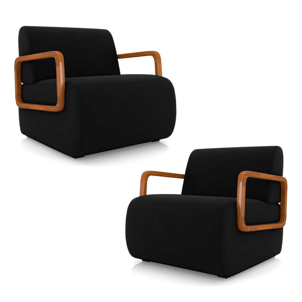 Kit 2 Poltronas Decorativa Sala de Estar Odessa Braços em Madeira Veludo Preto G33 - Gran Belo