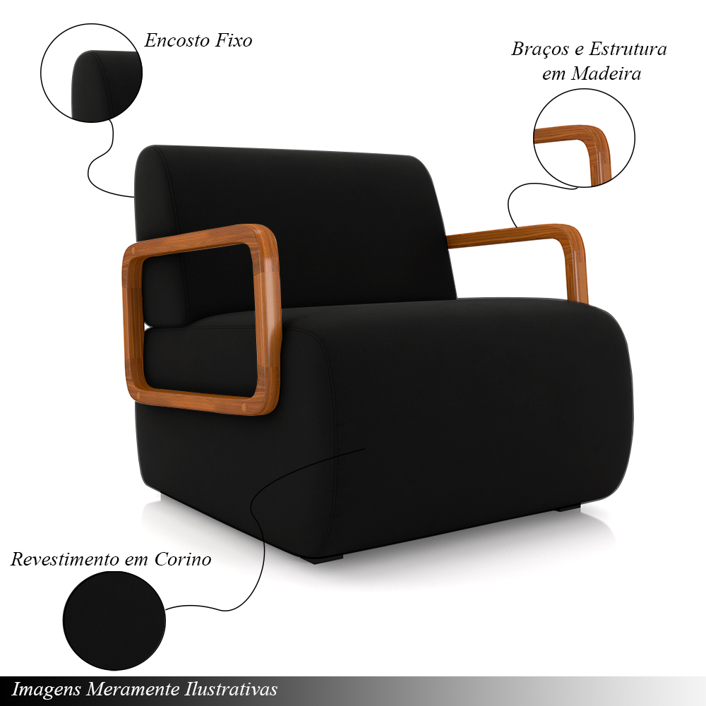 Kit 2 Poltronas Decorativa Sala de Estar Odessa Braços em Madeira Veludo Preto G33 - Gran Belo