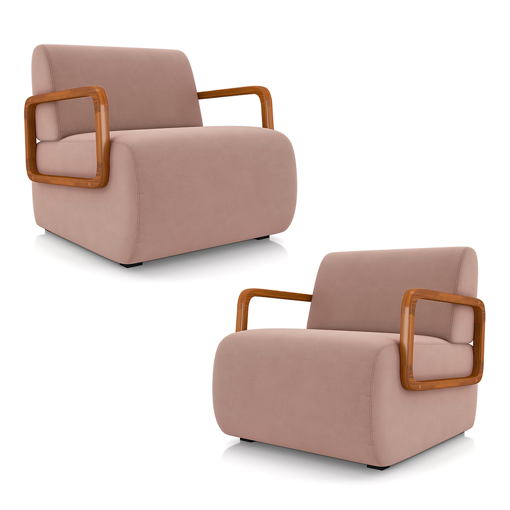 Kit 2 Poltronas Decorativa Sala de Estar Odessa Braços em Madeira Veludo Rosê G33 - Gran Belo