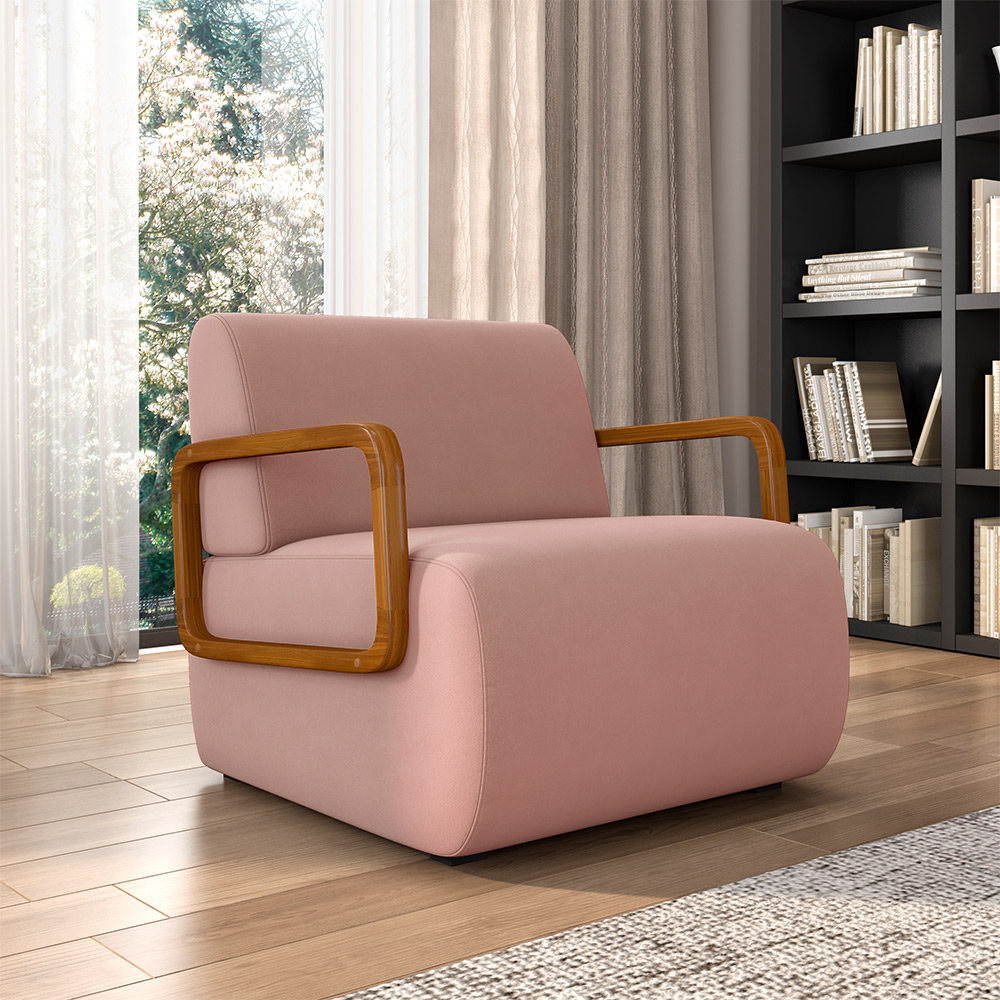 Kit 2 Poltronas Decorativa Sala de Estar Odessa Braços em Madeira Veludo Rosê G33 - Gran Belo