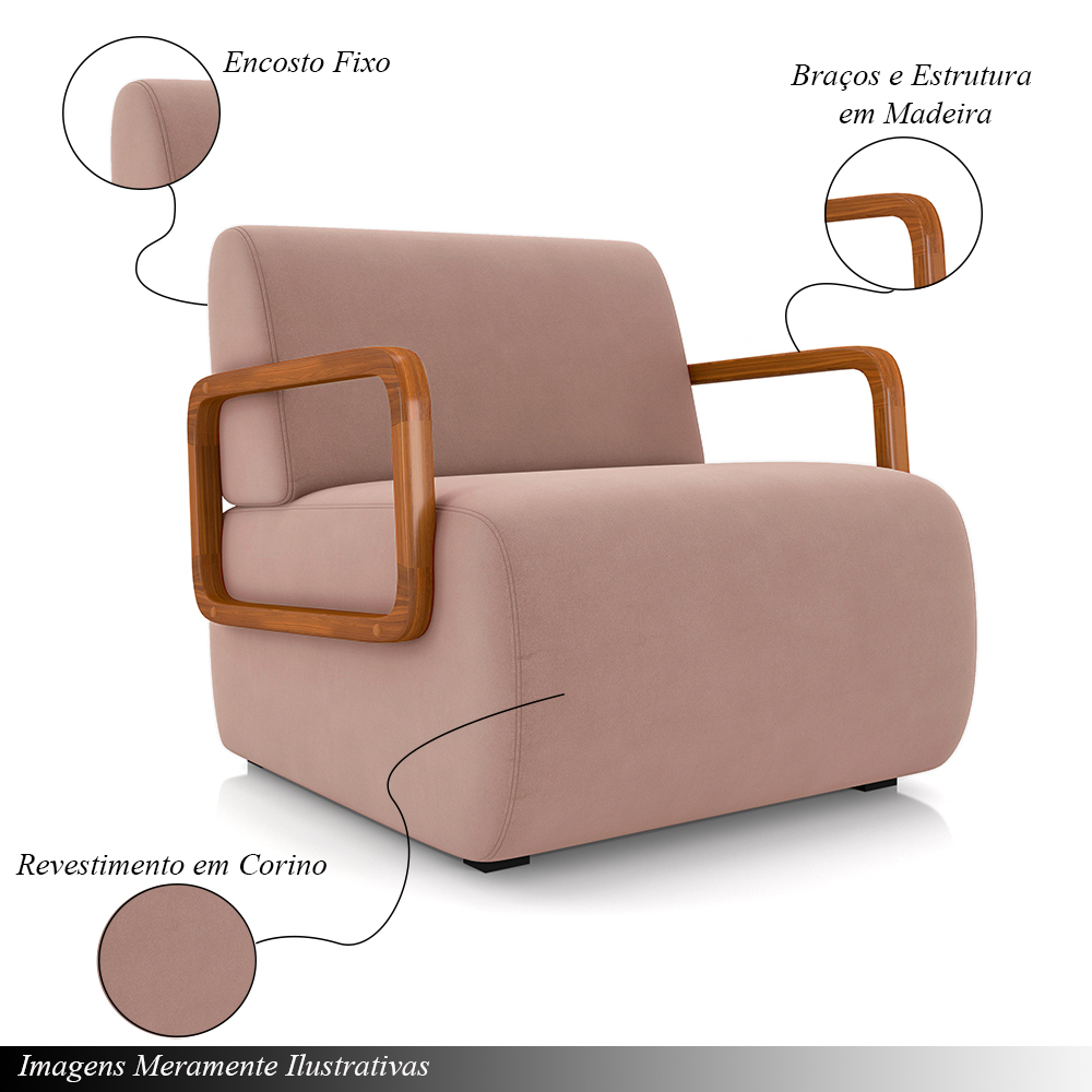 Kit 2 Poltronas Decorativa Sala de Estar Odessa Braços em Madeira Veludo Rosê G33 - Gran Belo