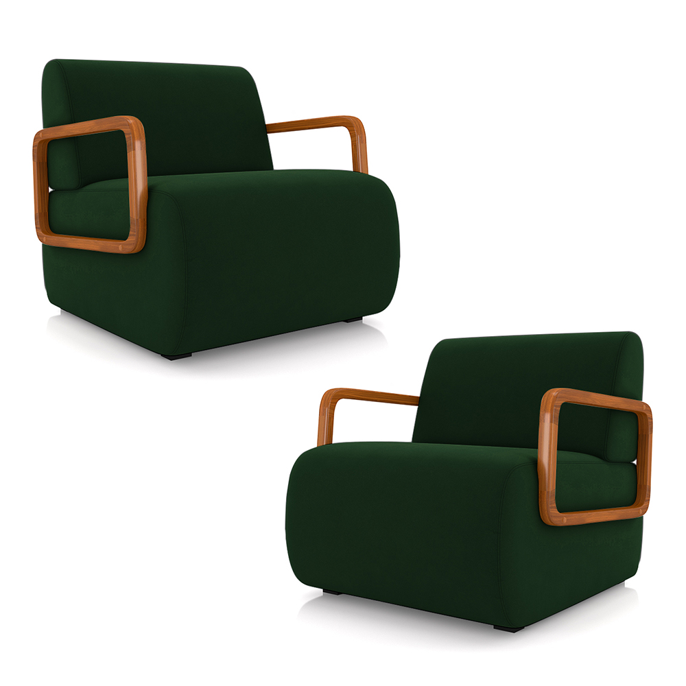 Kit 2 Poltronas Decorativa Sala de Estar Odessa Braços em Madeira Veludo Verde G33 - Gran Belo