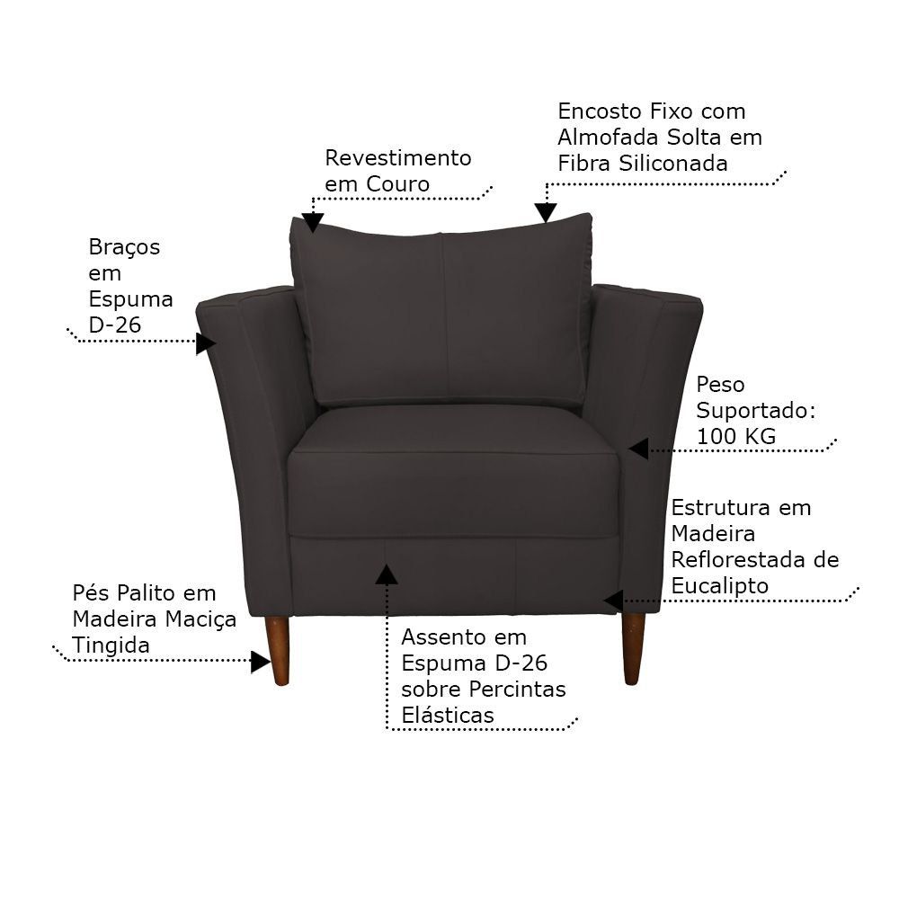 Kit 2 Poltronas Decorativa Sala de Estar Pés Palito Lubbock Couro Marrom G58 - Gran Belo