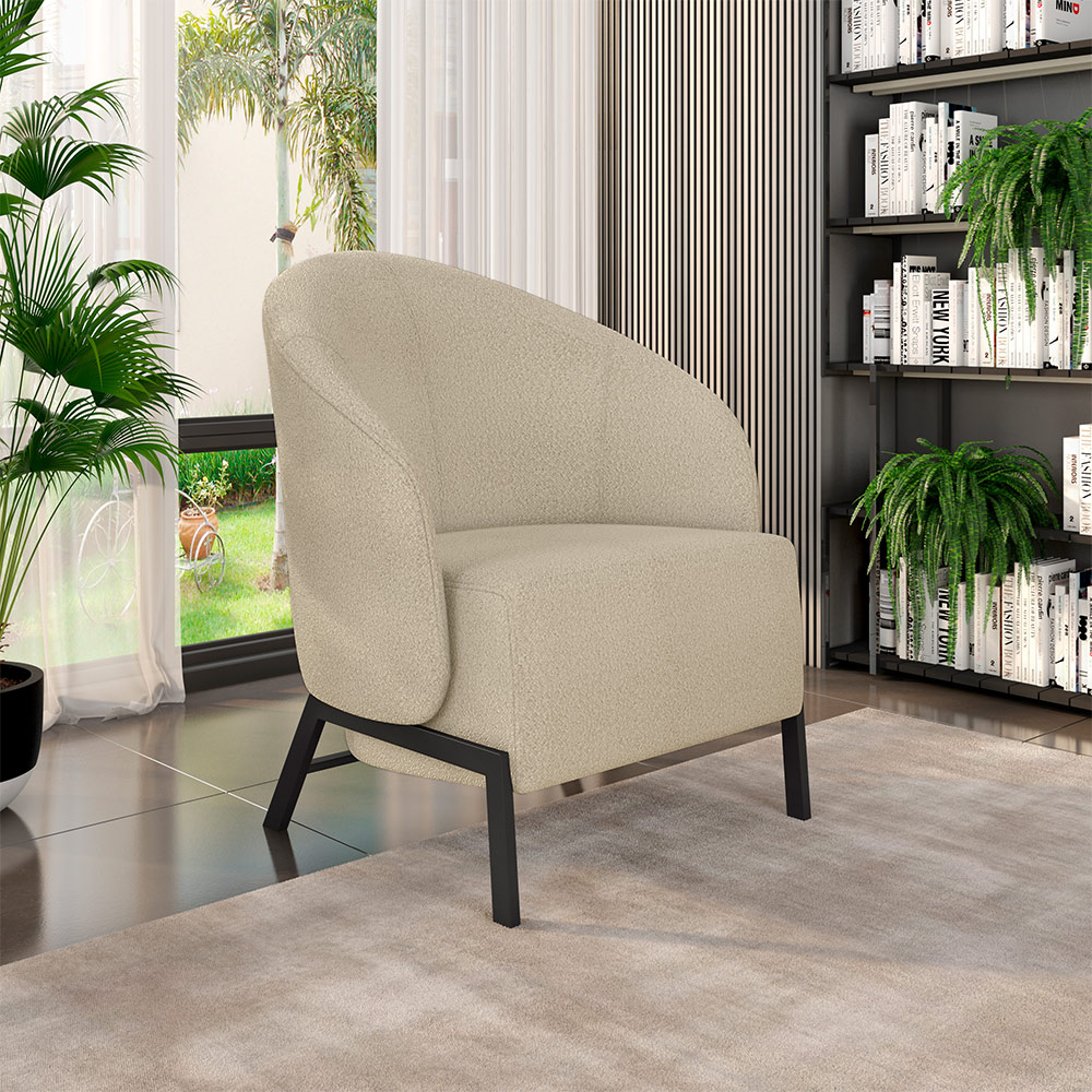 Kit 2 Poltronas Decorativa Sala de Estar kenya Pés em Ferro Bouclê Preto/Bege G33 - Gran Belo