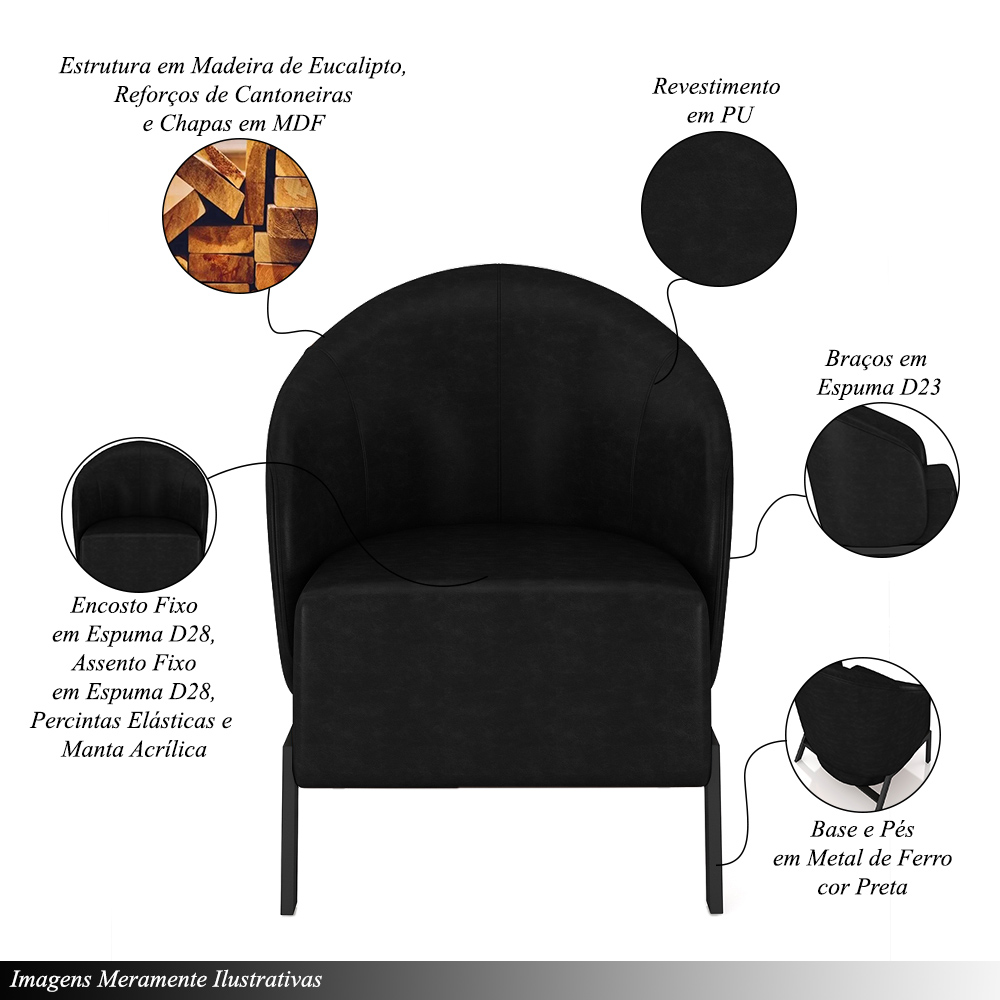 Kit 2 Poltronas Decorativa Sala de Estar kenya Pés em Ferro Pu Preto G33 - Gran Belo