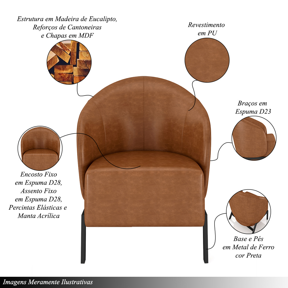 Kit 2 Poltronas Decorativa Sala de Estar kenya Pés em Ferro Pu Preto/Caramelo G33 - Gran Belo