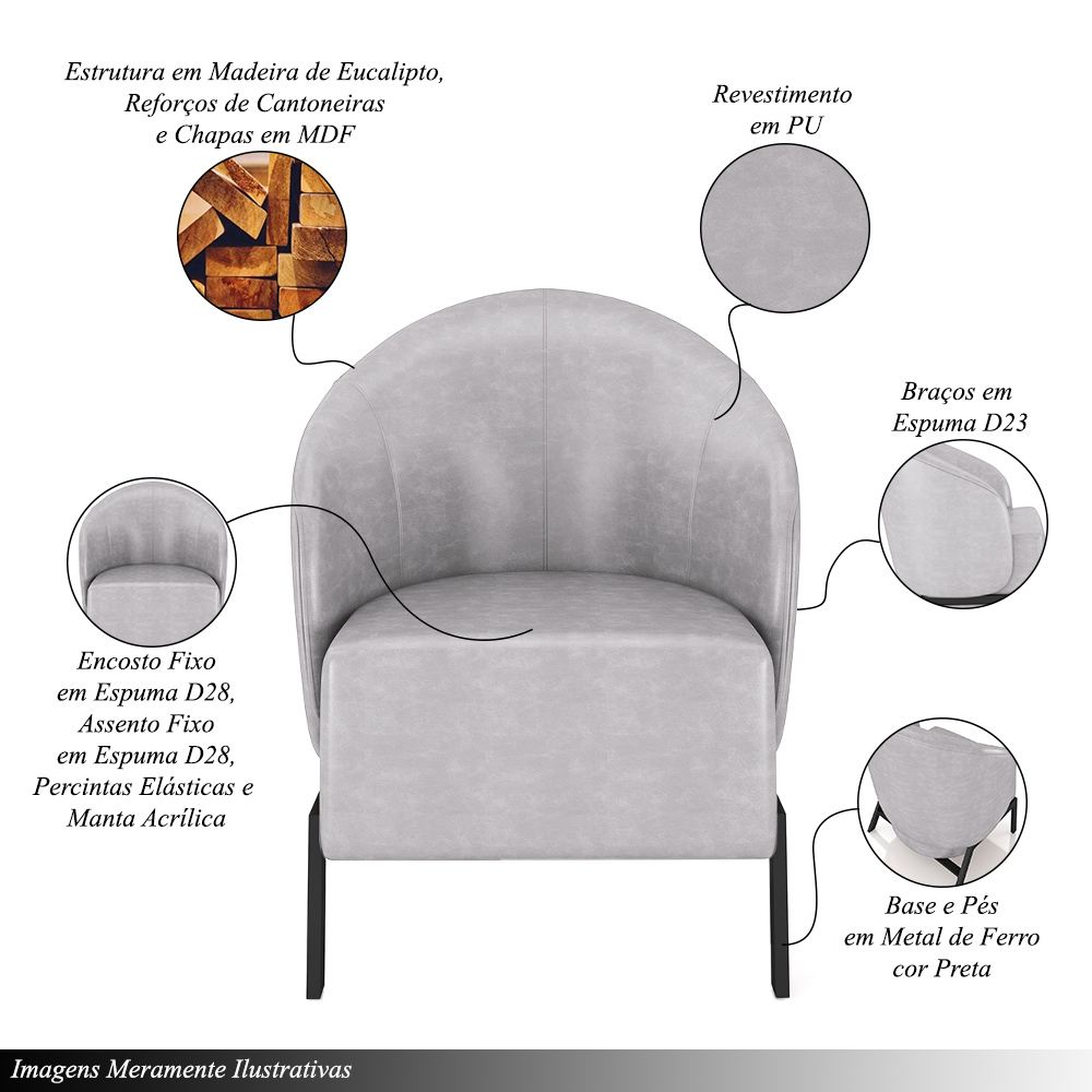 Kit 2 Poltronas Decorativa Sala de Estar kenya Pés em Ferro Pu Preto/Cinza G33 - Gran Belo