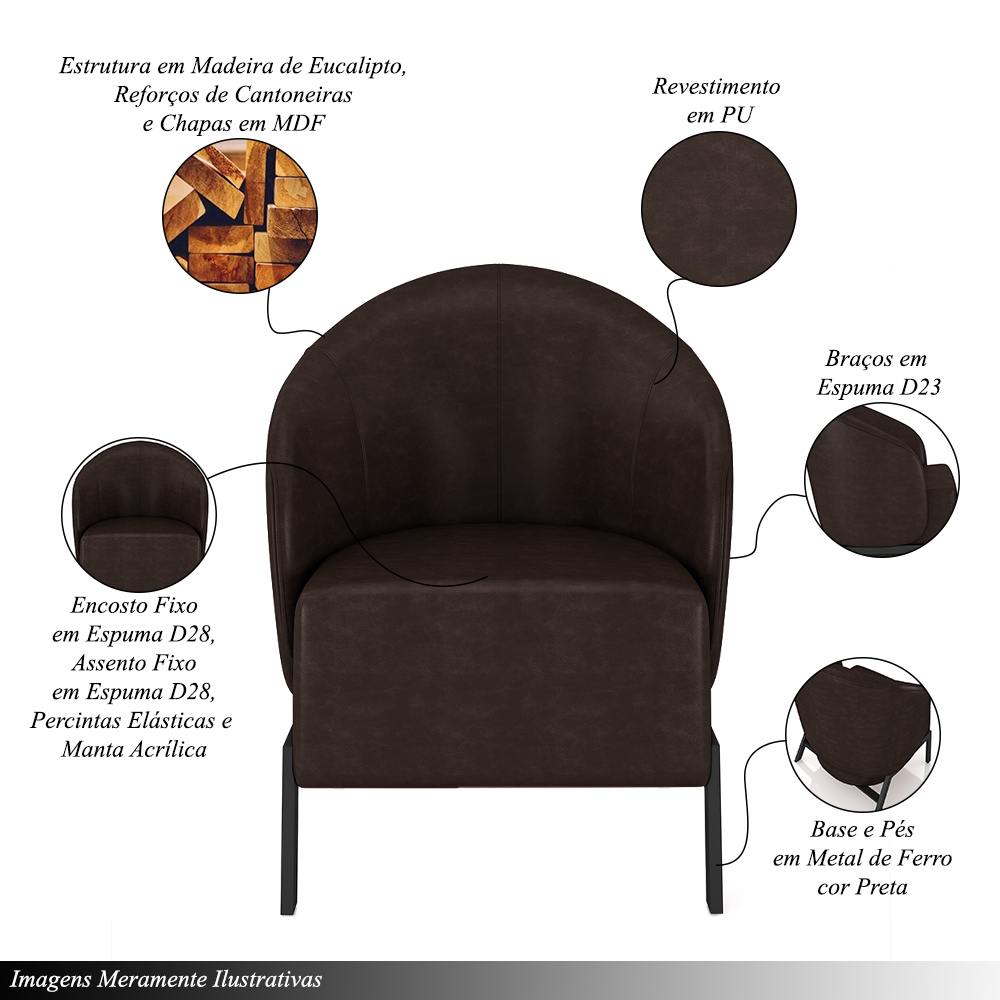 Kit 2 Poltronas Decorativa Sala de Estar kenya Pés em Ferro Pu Preto/Marrom G33 - Gran Belo