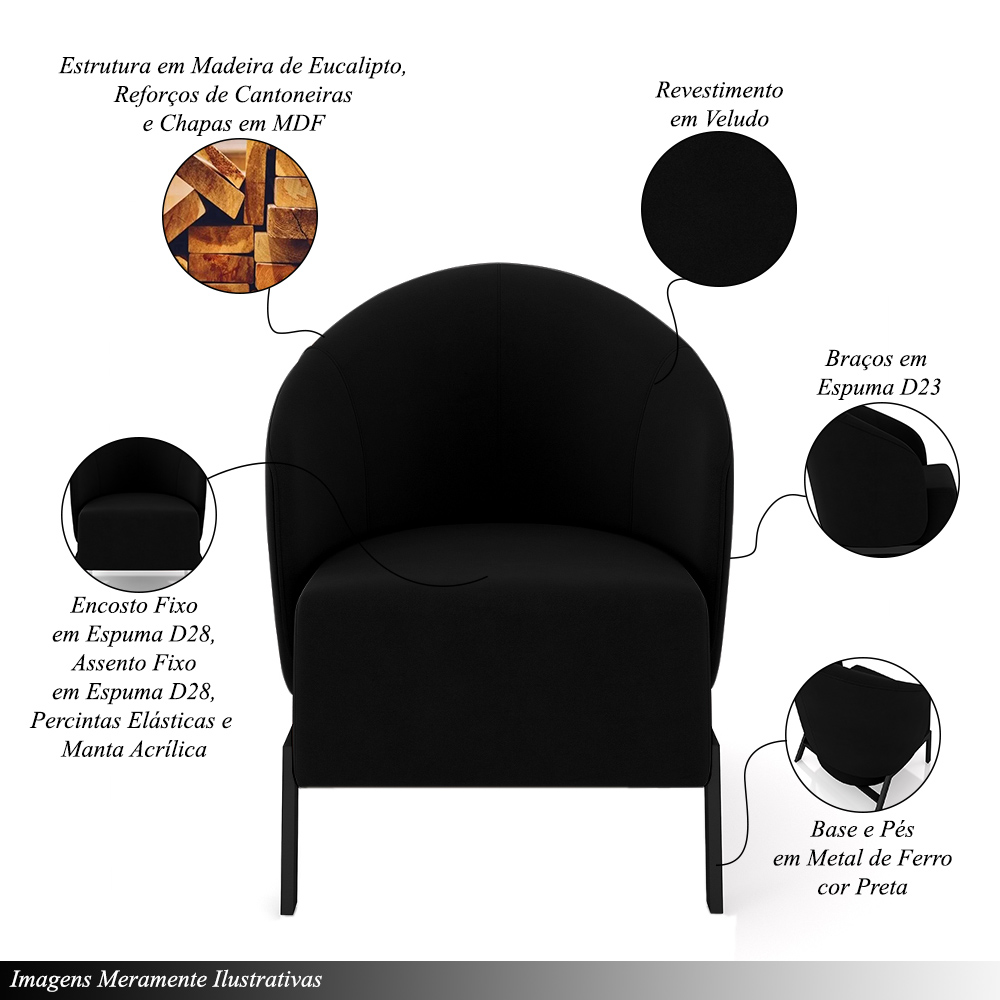 Kit 2 Poltronas Decorativa Sala de Estar kenya Pés em Ferro Veludo Preto G33 - Gran Belo