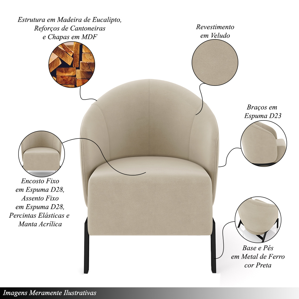 Kit 2 Poltronas Decorativa Sala de Estar kenya Pés em Ferro Veludo Preto/Bege G33 - Gran Belo