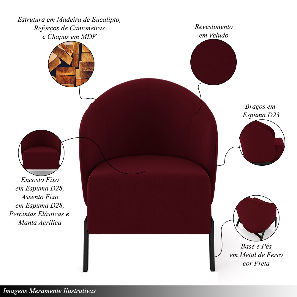 Kit 2 Poltronas Decorativa Sala de Estar kenya Pés em Ferro Veludo Preto/Bordô G33 - Gran Belo