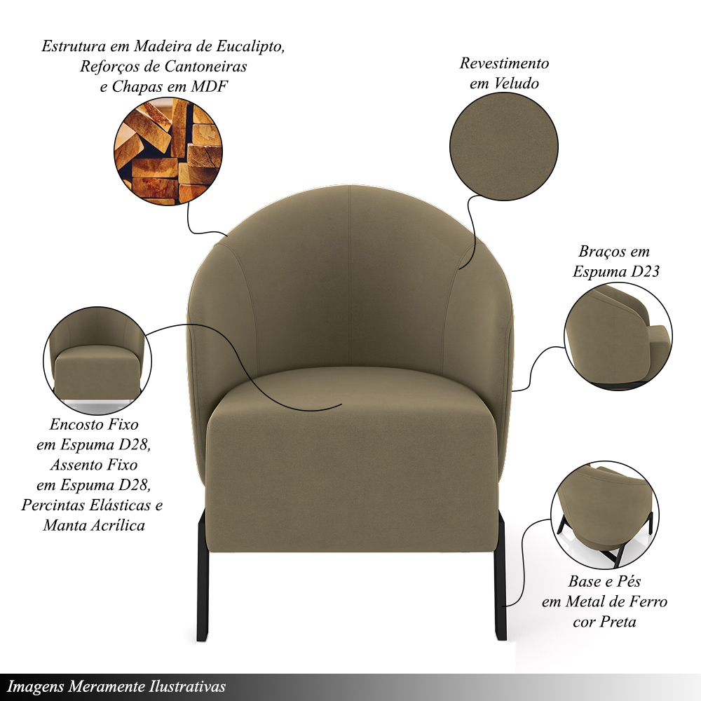 Kit 2 Poltronas Decorativa Sala de Estar kenya Pés em Ferro Veludo Preto/Castor G33 - Gran Belo