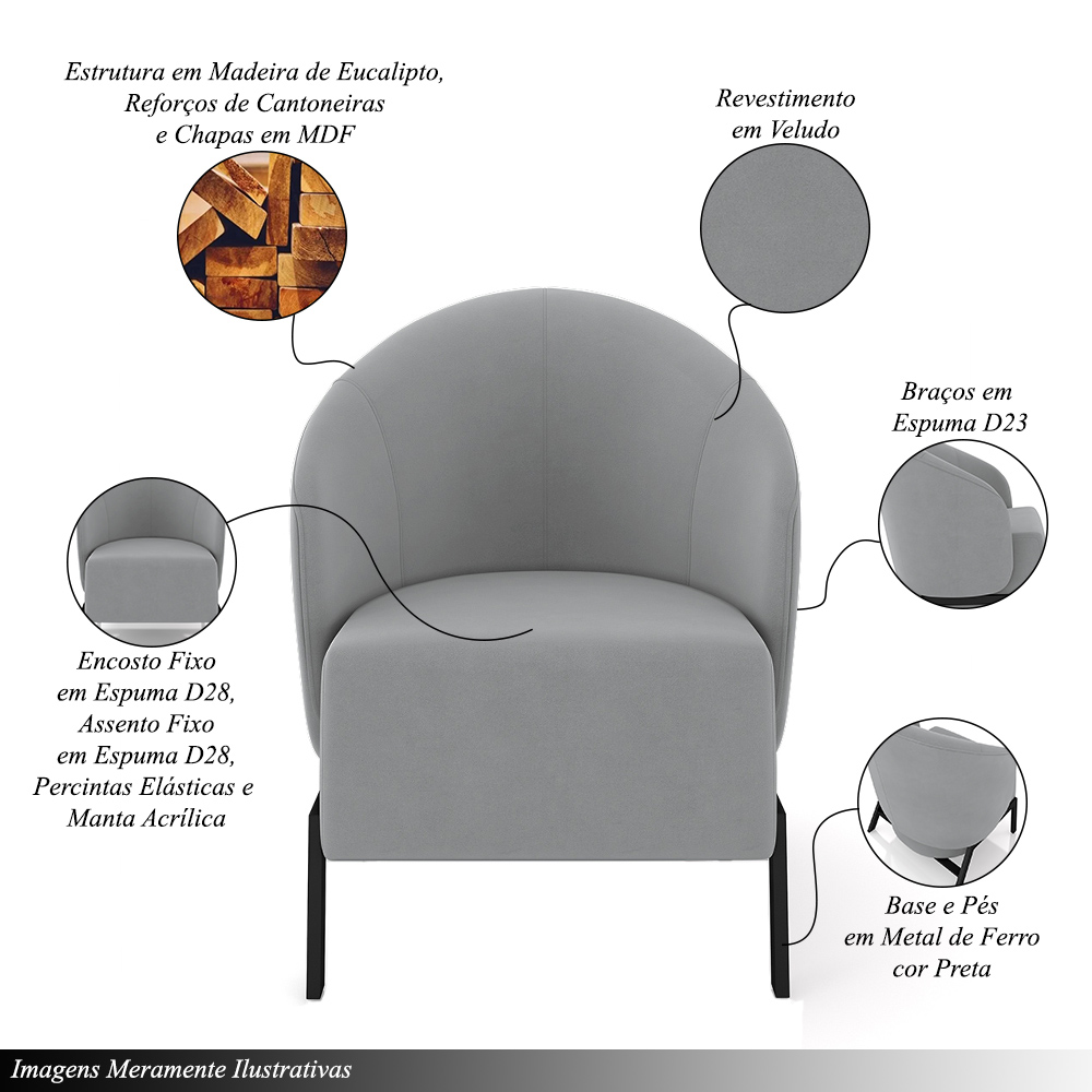 Kit 2 Poltronas Decorativa Sala de Estar kenya Pés em Ferro Veludo Preto/Cinza G33 - Gran Belo