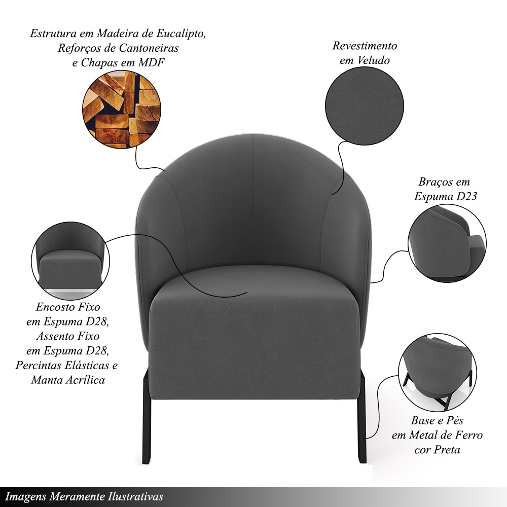 Kit 2 Poltronas Decorativa Sala de Estar kenya Pés em Ferro Veludo Preto/Grafite G33 - Gran Belo