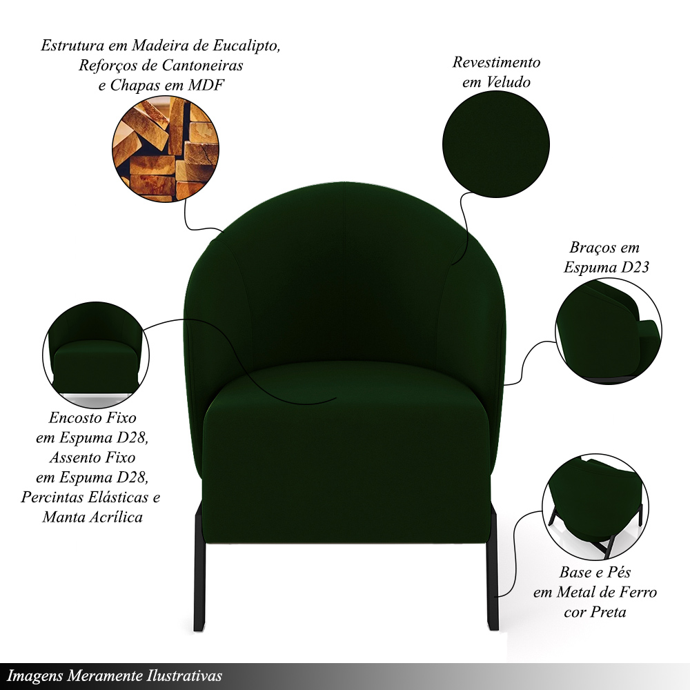 Kit 2 Poltronas Decorativa Sala de Estar kenya Pés em Ferro Veludo Preto/Verde G33 - Gran Belo
