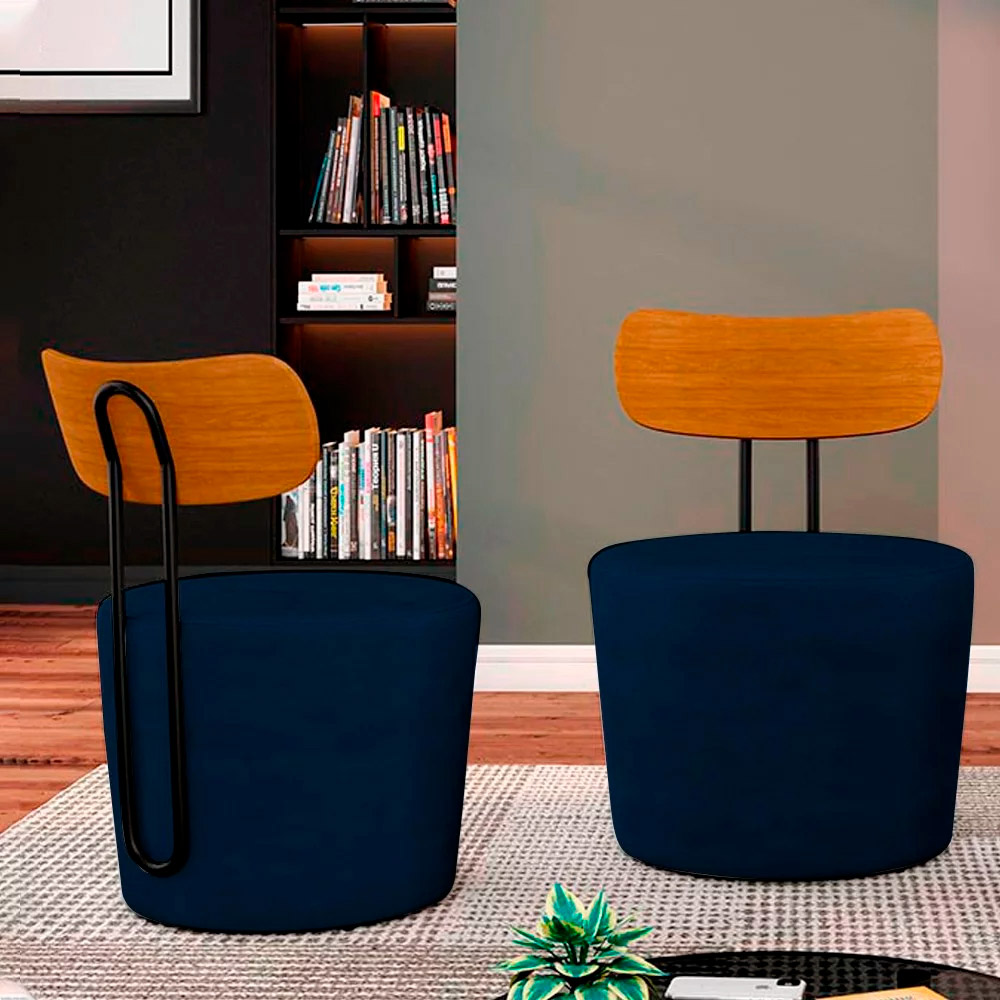 Kit 2 Poltronas Decorativas Addams Veludo Azul Marinho G45 - Gran Belo