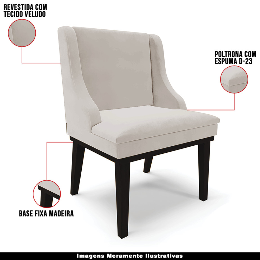 Kit 2 Poltronas Decorativas Base Fixa de Madeira Firenze Veludo Cinza/Preto G19 - Gran Belo