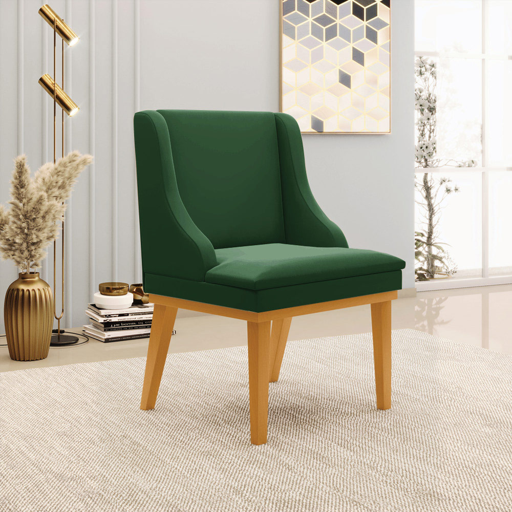 Kit 2 Poltronas Decorativas Base Fixa de Madeira Firenze Veludo Verde Esmeralda/Castanho G19 - Gran Belo