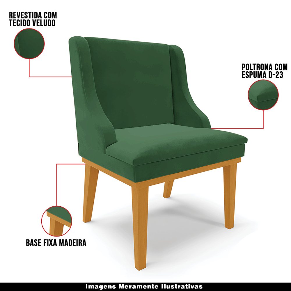 Kit 2 Poltronas Decorativas Base Fixa de Madeira Firenze Veludo Verde Esmeralda/Castanho G19 - Gran Belo