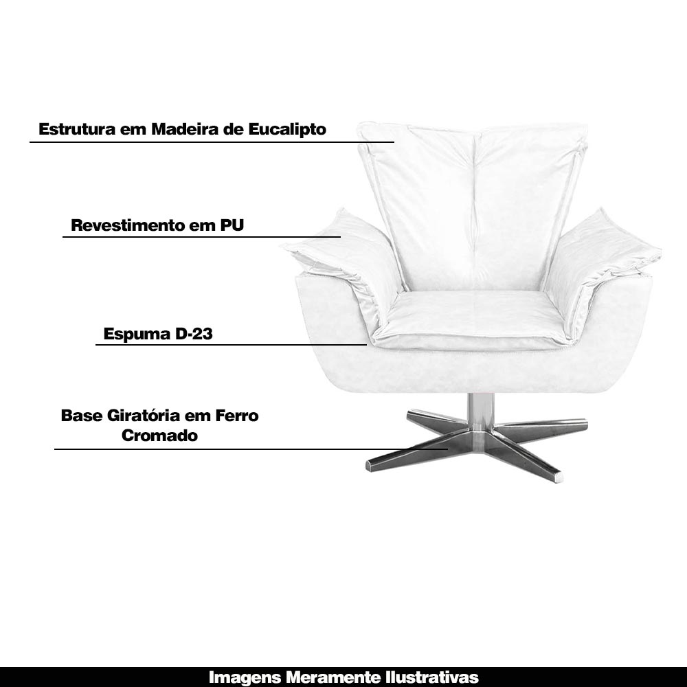 Kit 2 Poltronas Decorativas Base Giratória Cromada Charger PU Branco G19 - Gran Belo