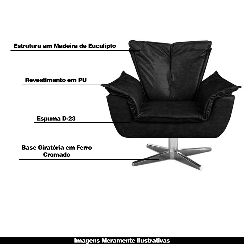 Kit 2 Poltronas Decorativas Base Giratória Cromada Charger PU Preto G19 - Gran Belo