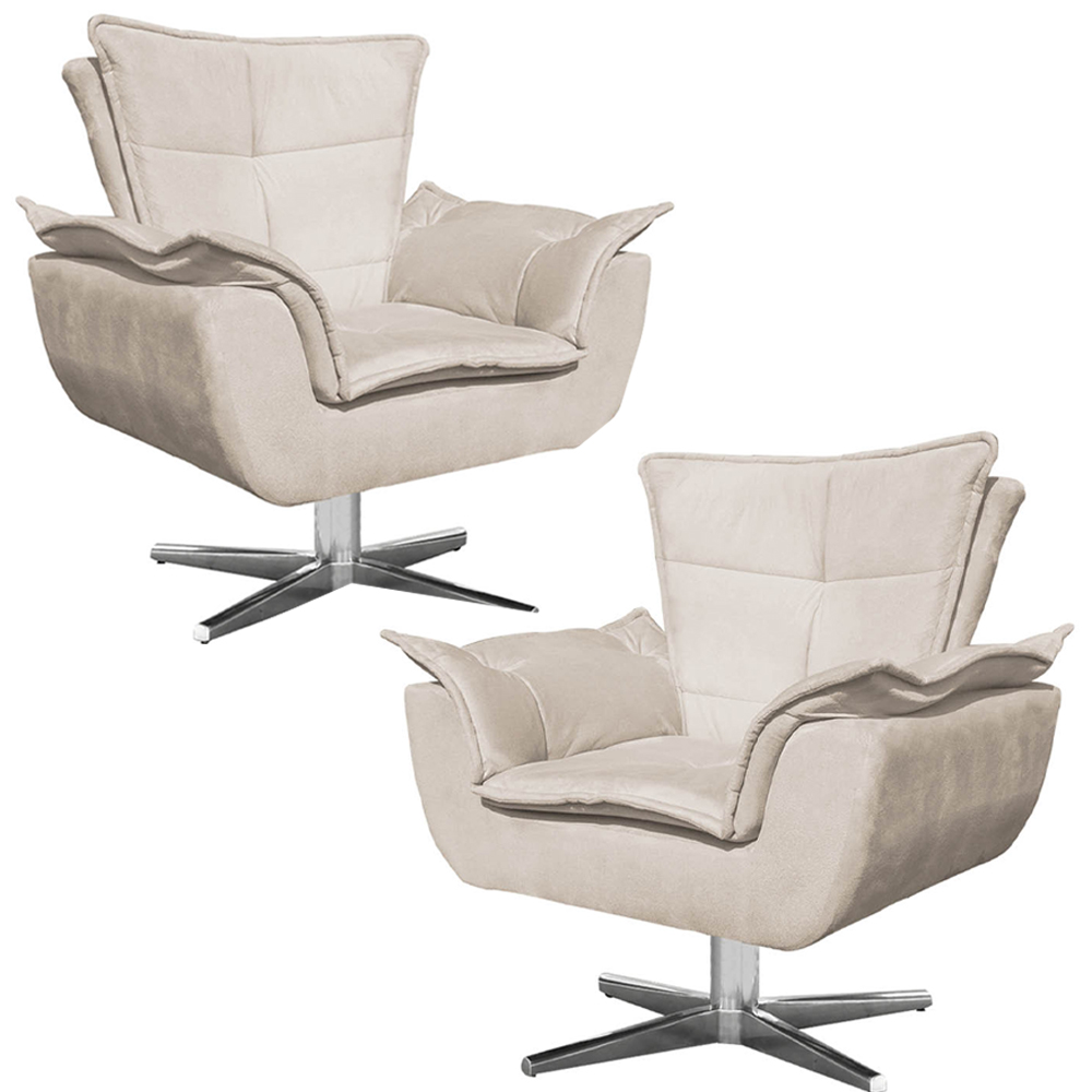 Kit 2 Poltronas Decorativas Base Giratória Cromada Charger Suede Bege G19 - Gran Belo