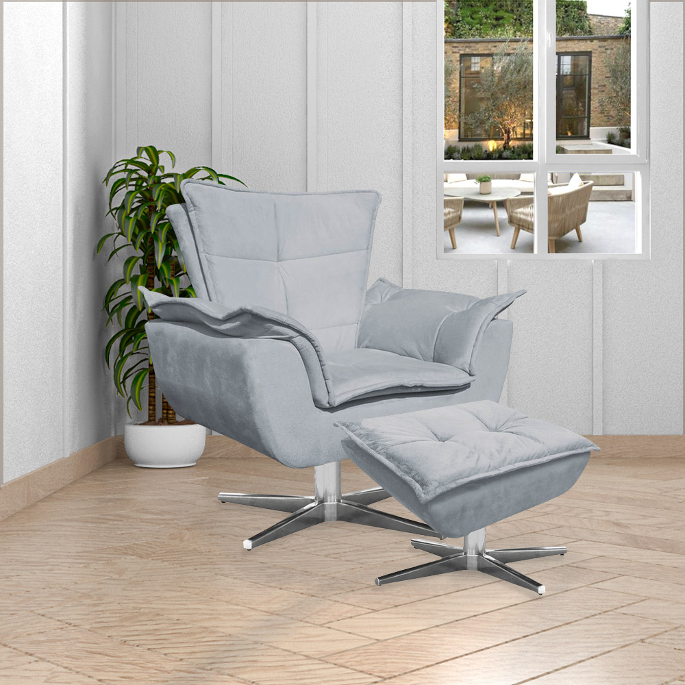 Kit 2 Poltronas Decorativas Base Giratória Cromada Charger Suede Cinza G19 - Gran Belo