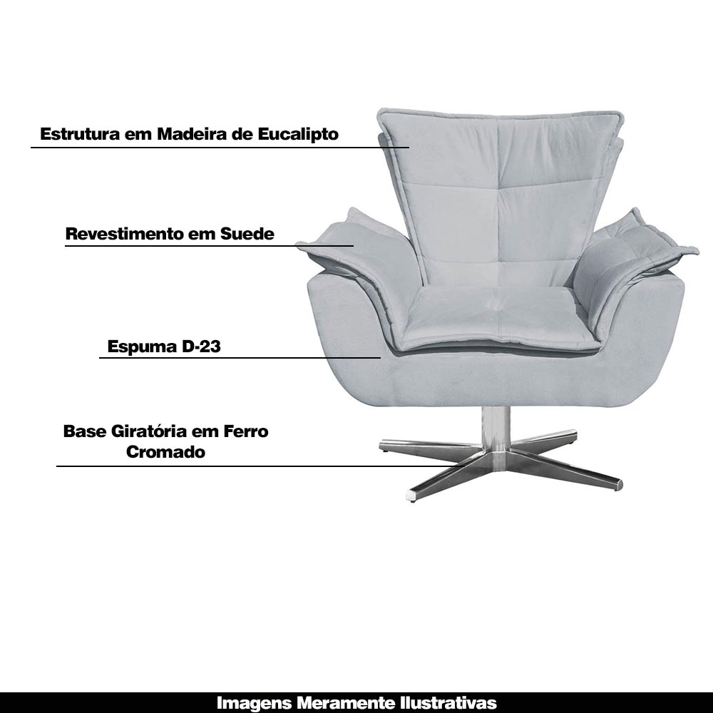 Kit 2 Poltronas Decorativas Base Giratória Cromada Charger Suede Cinza G19 - Gran Belo