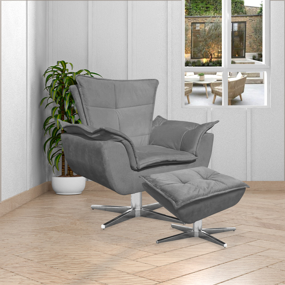 Kit 2 Poltronas Decorativas Base Giratória Cromada Charger Suede Grafite G19 - Gran Belo