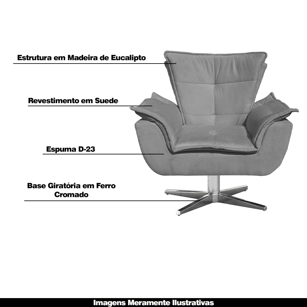 Kit 2 Poltronas Decorativas Base Giratória Cromada Charger Suede Grafite G19 - Gran Belo