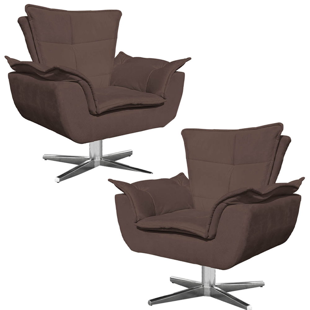 Kit 2 Poltronas Decorativas Base Giratória Cromada Charger Suede Marrom G19 - Gran Belo