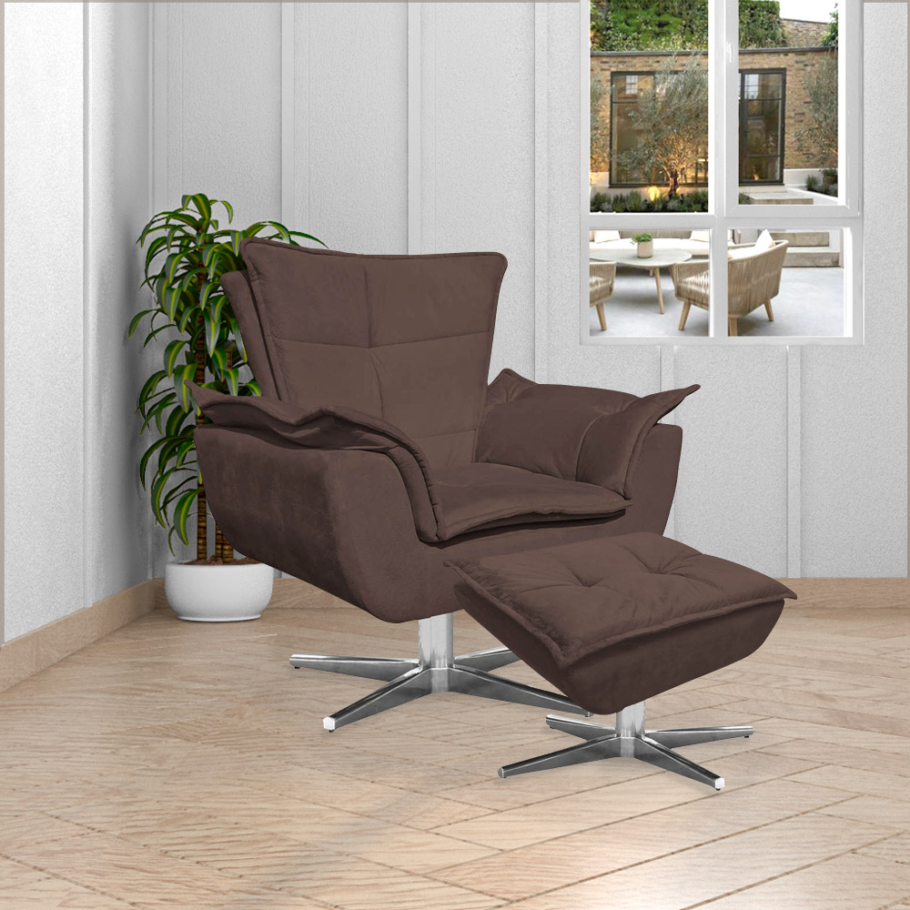 Kit 2 Poltronas Decorativas Base Giratória Cromada Charger Suede Marrom G19 - Gran Belo