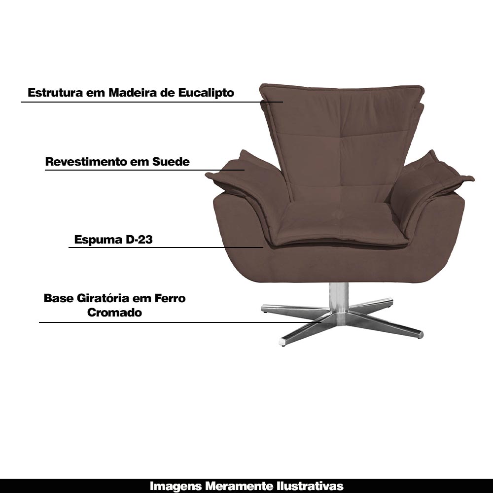 Kit 2 Poltronas Decorativas Base Giratória Cromada Charger Suede Marrom G19 - Gran Belo
