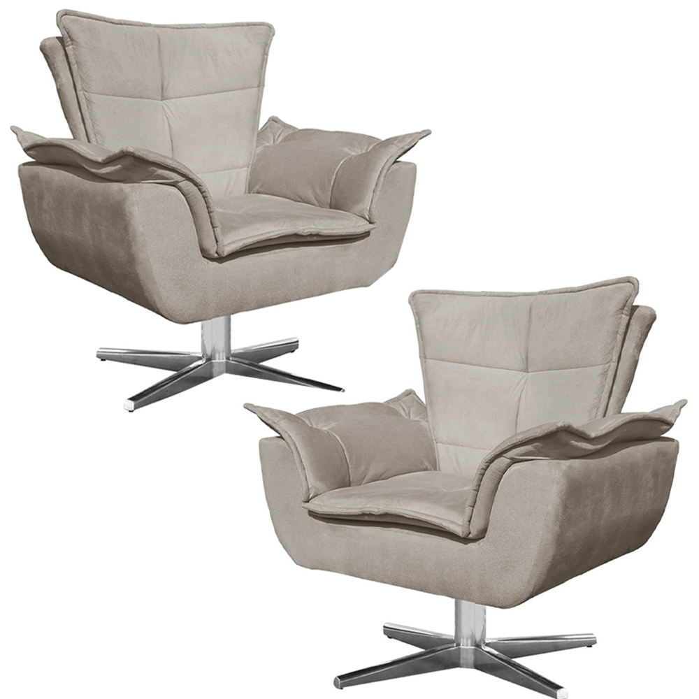 Kit 2 Poltronas Decorativas Base Giratória Cromada Charger Suede Nude G19 - Gran Belo