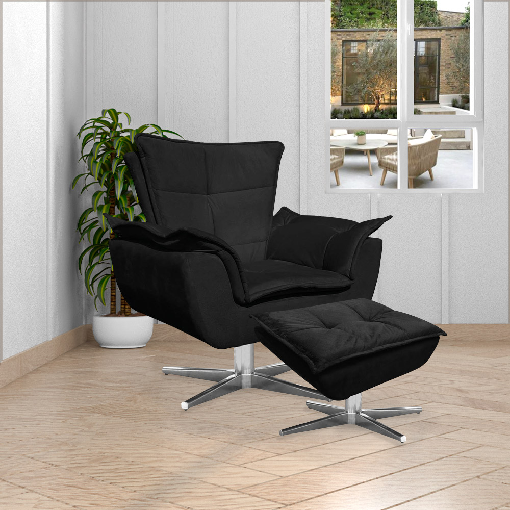 Kit 2 Poltronas Decorativas Base Giratória Cromada Charger Suede Preto G19 - Gran Belo