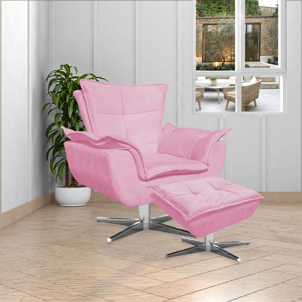 Kit 2 Poltronas Decorativas Base Giratória Cromada Charger Suede Rosa G19 - Gran Belo