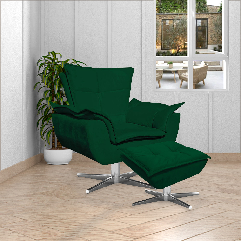 Kit 2 Poltronas Decorativas Base Giratória Cromada Charger Suede Verde G19 - Gran Belo