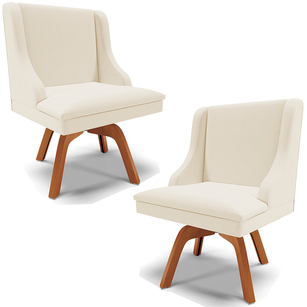 Kit 2 Poltronas Decorativas Base Giratória de Madeira Firenze Linho Bege/Natural G19 - Gran Belo