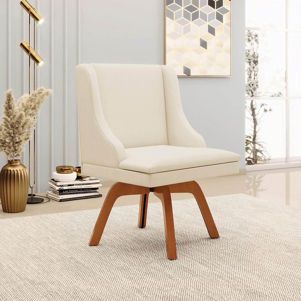 Kit 2 Poltronas Decorativas Base Giratória de Madeira Firenze Linho Bege/Natural G19 - Gran Belo