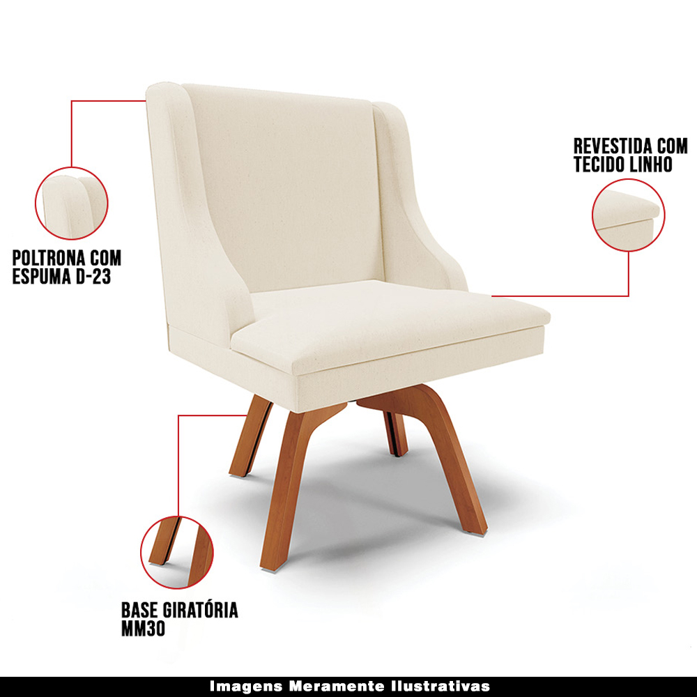 Kit 2 Poltronas Decorativas Base Giratória de Madeira Firenze Linho Bege/Natural G19 - Gran Belo