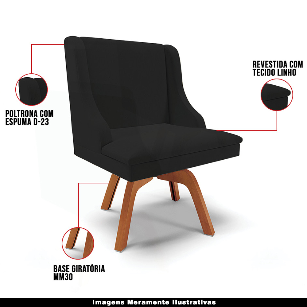 Kit 2 Poltronas Decorativas Base Giratória de Madeira Firenze Linho Preto/Natural G19 - Gran Belo