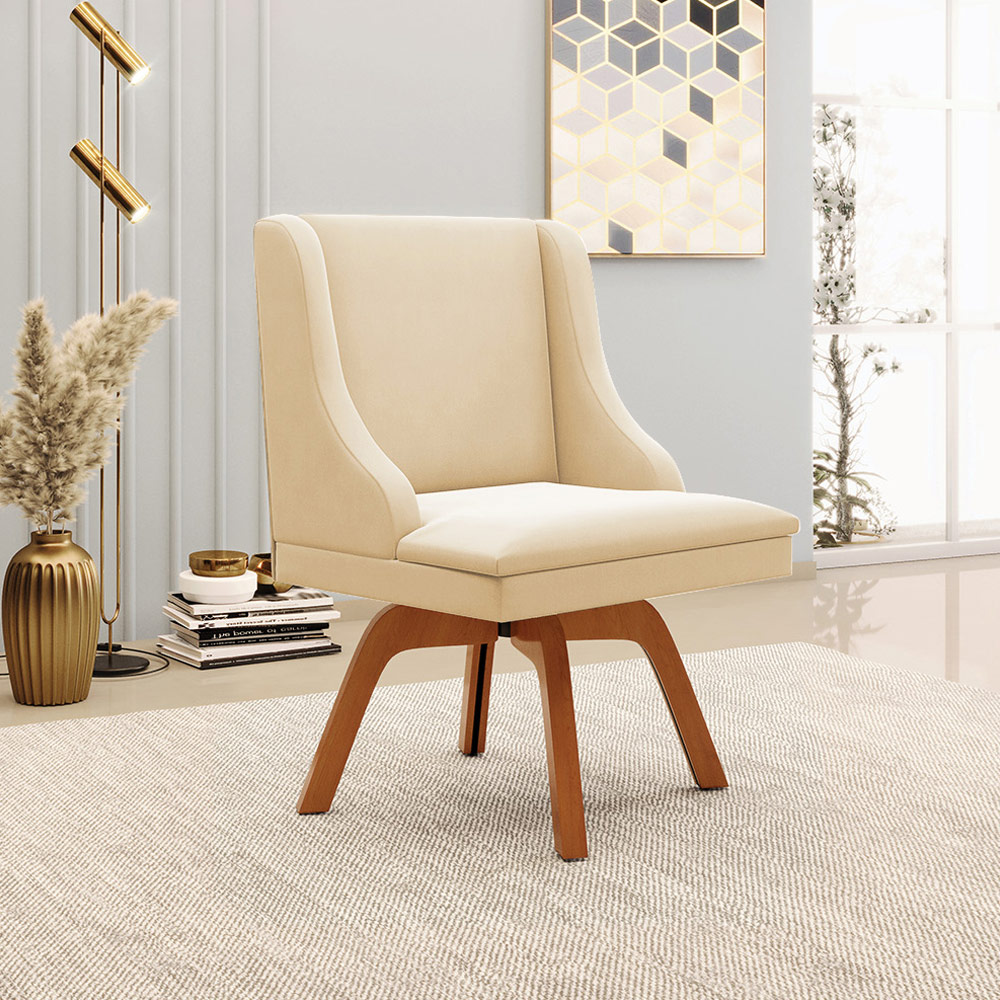 Kit 2 Poltronas Decorativas Base Giratória de Madeira Firenze Suede Bege/Natural G19 - Gran Belo