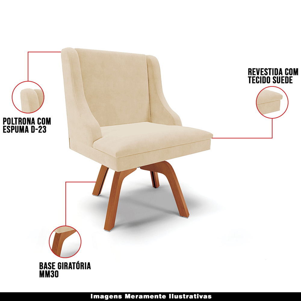 Kit 2 Poltronas Decorativas Base Giratória de Madeira Firenze Suede Bege/Natural G19 - Gran Belo