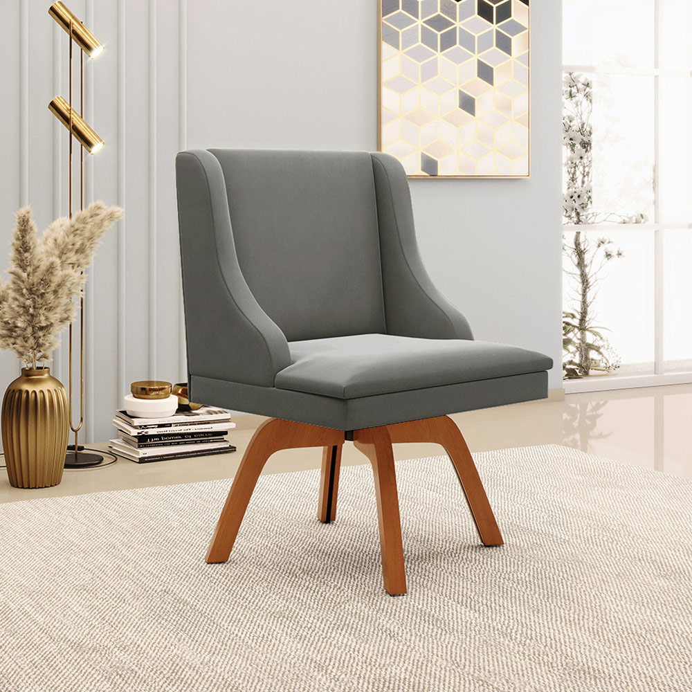 Kit 2 Poltronas Decorativas Base Giratória de Madeira Firenze Suede Grafite/Natural G19 - Gran Belo